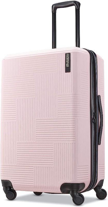 Photo 1 of American Tourister Stratum XLT Expandable Hardside Luggage with Spinner Wheels, Pink Blush, Checked-Medium 24-Inch
