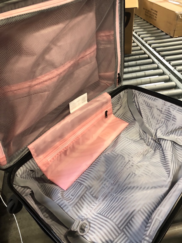 Photo 1 of American Tourister Stratum XLT Expandable Hardside Luggage with Spinner Wheels, Pink Blush, Checked-Medium 24-Inch
