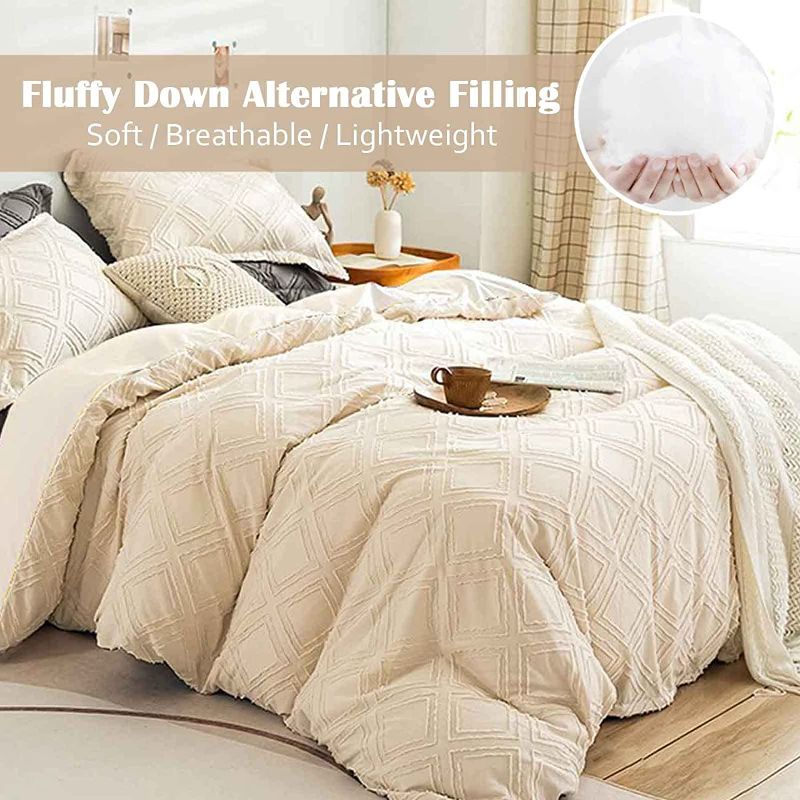 Photo 1 of  Nanko King Comforter Set Beige Tufted Jacquard Boho Geometry Soft Shabby Chic Down Alternative Microfiber Bedding - All Season Duvet Modern Farmhouse Bed Sets Women Men Size 104 x90 3pc Cream Tan