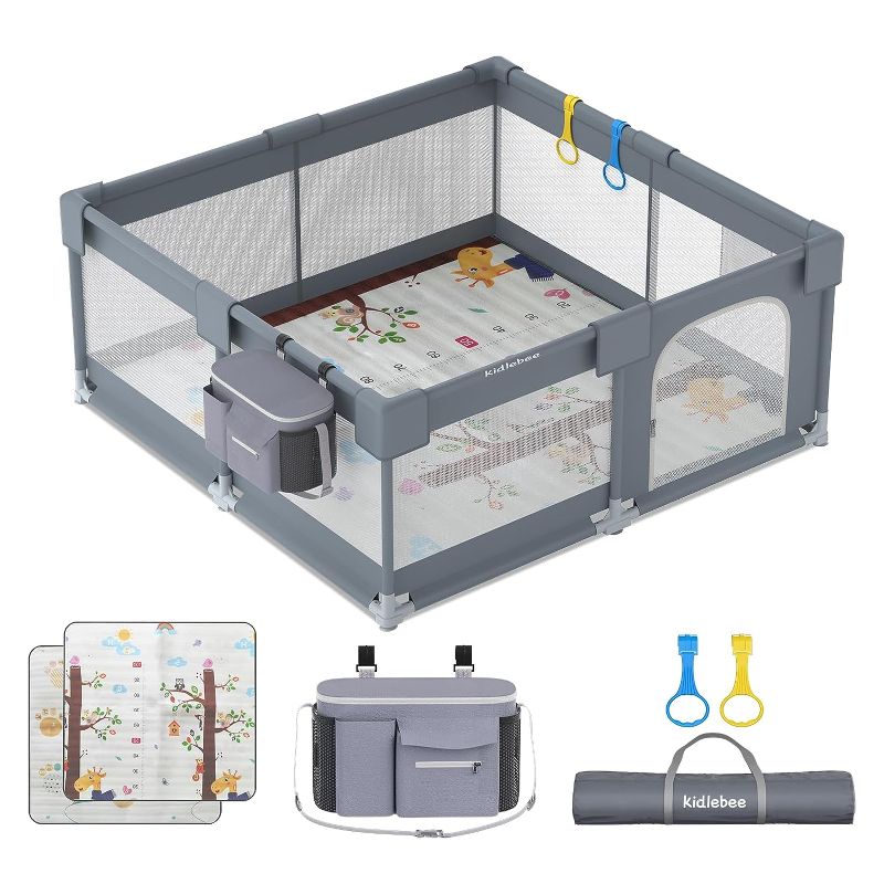 Photo 1 of   Baby Playpen with Mat Included - KIDLEBEE 50” x 50” Kids Play Pen Toddler Safety Play Yard Infant Fence Indoor Activity Center with Soft Breathable Mesh, Anti-Slip Base, Zipper Gate (Gray)
