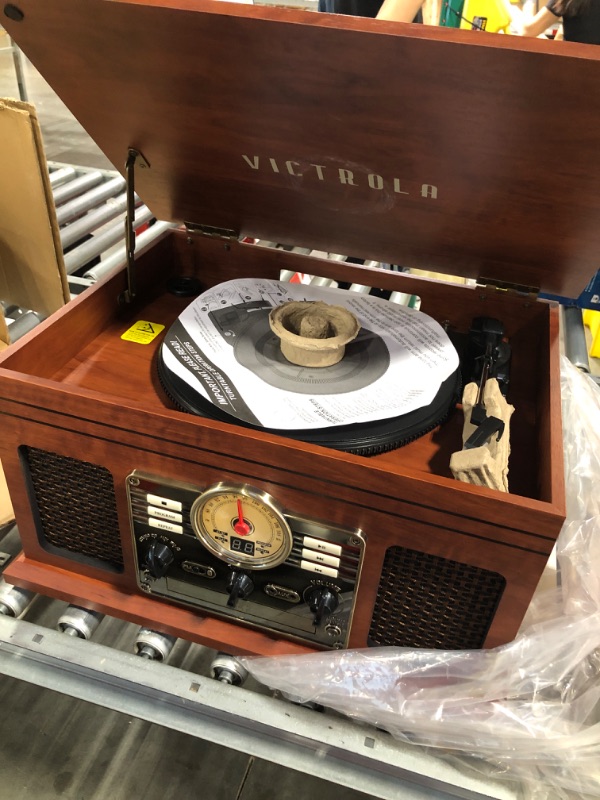 Photo 4 of Victrola Nostalgic 6-in-1 Bluetooth Record Player & Multimedia Center with Built-in Speakers - 3-Speed Turntable, CD & Cassette Player, FM Radio | Wireless Music Streaming | Mahogany Mahogany Entertainment Center