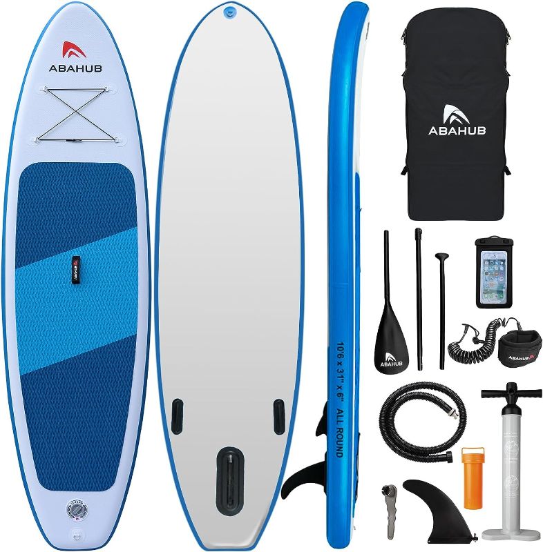 Photo 1 of Abahub Inflatable SUP, Wide 10'6" x 34"/31'' x 6" iSUP, Standup Paddleboard with Adjustable 4 Piece 2 in 1 SUP Paddle, Kayak Seat, for Yoga, Paddle Board, Kayaking, Surf, Canoe, Fishing Blue W:34''