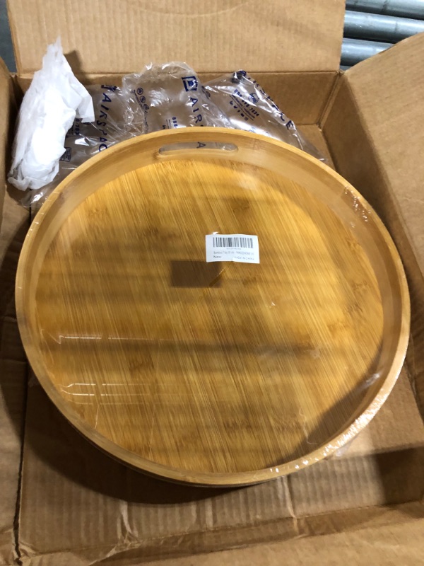Photo 3 of 13.8 inch Bamboo Round Serving Tray, Wood Tray with Handles, Natural Wooden Tray for Ottoman, Kitchen / Coffee Table 13.8 inch ( 35 cm)