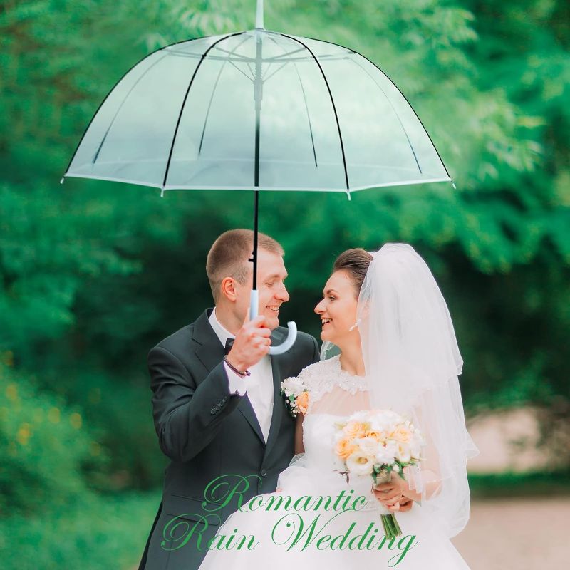 Photo 1 of 2 Pieces Clear Wedding Umbrella Automatic Open Rounded Umbrella Windproof Bubble Umbrella J Handle Large Canopy Stick Umbrella for Bride Groom Photography Rain Ceremony