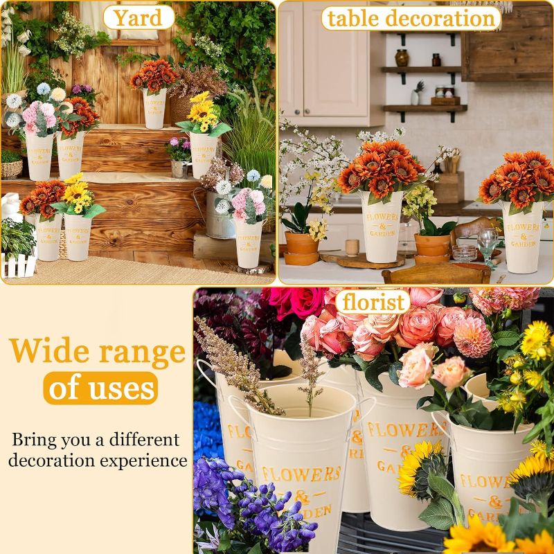 Photo 1 of 4 Pcs Flower Buckets Bulk Galvanized Metal Vase Bucket with Handles Planter French Table Decoration Centerpiece Farmhouse Florist Cut Flowers Buckets Rustic Vase for Wedding Home, 9.8 Inch