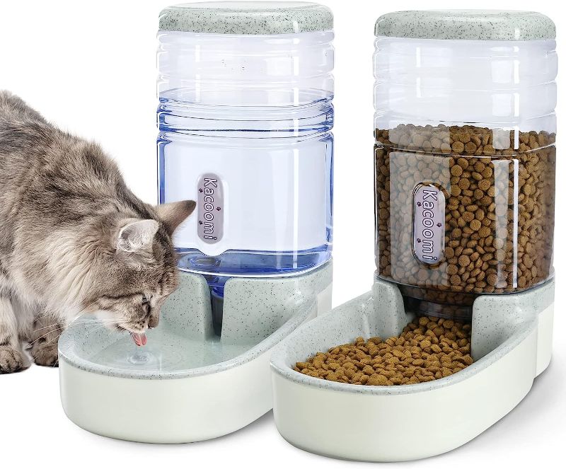 Photo 1 of Automatic Dog Cat Feeder and Water Dispenser Gravity Food Feeder and Waterer Set with Pet Food Bowl for Small Medium Dog Puppy Kitten, Large Capacity 1 Gallon x 2(Grey)
