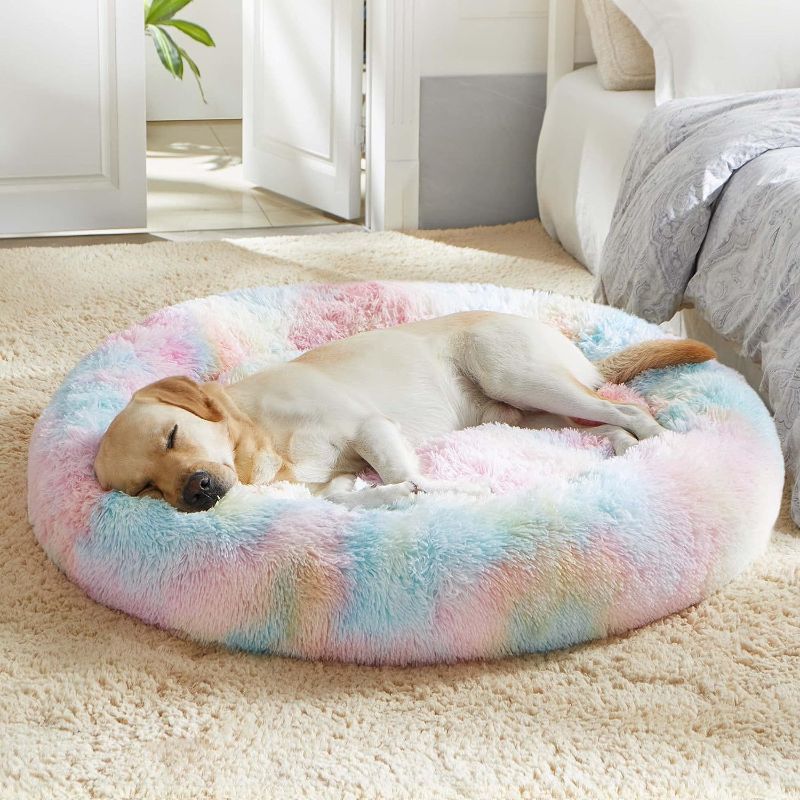 Photo 1 of Western Home Faux Fur Dog Bed & Cat Bed, Original Calming Dog Bed for Small Medium Large Pets, Anti Anxiety Donut Cuddler Round Warm Washable Cat Bed for Indoor Cats(36", Rainbow