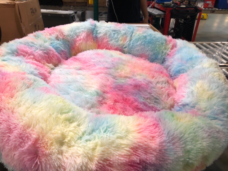 Photo 1 of Western Home Faux Fur Dog Bed & Cat Bed, Original Calming Dog Bed for Small Medium Large Pets, Anti Anxiety Donut Cuddler Round Warm Washable Cat Bed for Indoor Cats(36", Rainbow