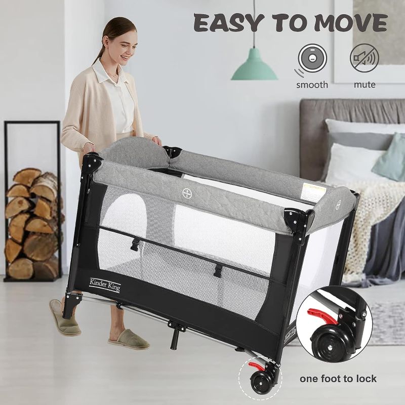 Photo 1 of Kinder King 4 in 1 Portable Nursery Center, Foldable Baby Bedside Crib w/Bassinet, Infant Pack n Play Playard Toddler Large Playpen, Newborn Changing Table, Storage Basket, Side Zipper
