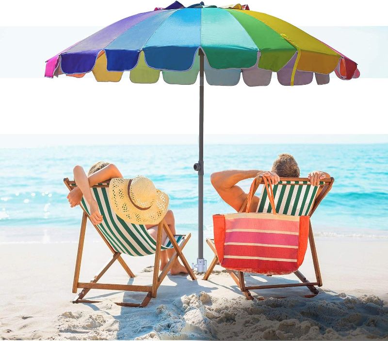 Photo 1 of AMMSUN 7.5ft Heavy Duty HIGH Wind Beach Umbrella with sand anchor & Tilt Sun Shelter, UV 50+ Protection Outdoor Umbrellas Sunshade with Carry Bag for Patio Garden Pool Backyard (Rainbow)