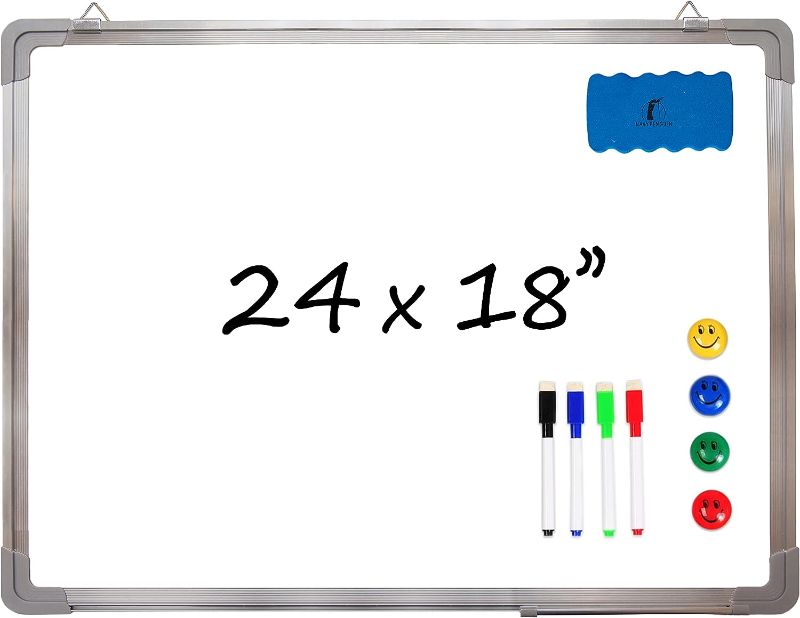 Photo 1 of Whiteboard Set - Dry Erase Board 24 x 18" with 1 Magnetic Dry Eraser, 4 Dry Wipe Markers and 4 Magnets - Small White Hanging Message Scoreboard for Home Office School (24x18" Landscape)