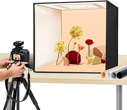 Photo 1 of RALENO® 20''X20'' Photo Studio Light Box, 50W Portable Dimmable Shooting Tent Kit with 120 LED Lights(5500K, 92 CRI) Includes 4 PVC Anti-Dust Backgrounds (Black, Grey, Orange, White)