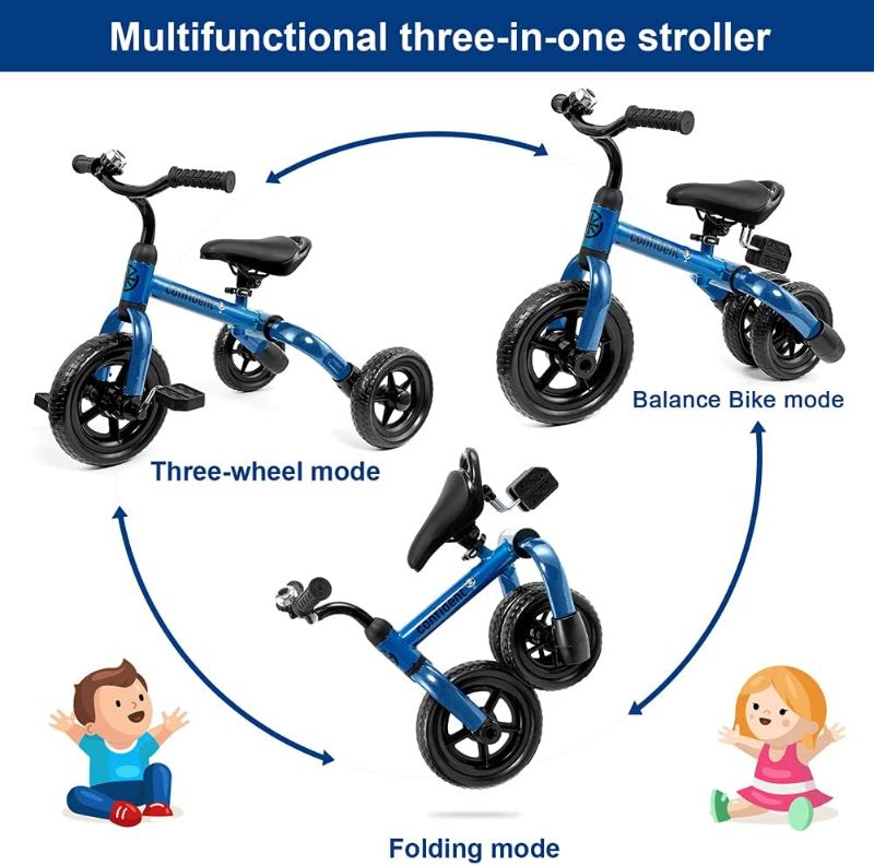 Photo 1 of 3 in 1 Toddler Tricycles for 2 - 4 Years Old Boys and Girls with Detachable Pedal and Bell | Foldable Baby Balance Bike Riding Toys for 24 Month Up Kids | Infant First Birthday New Year Gift Blue