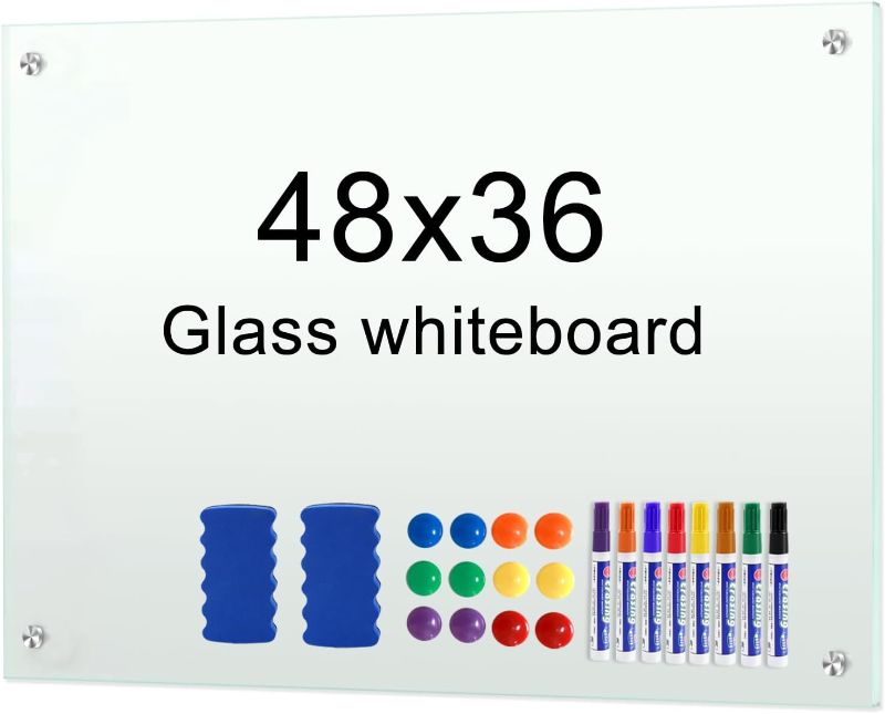 Photo 1 of Dry Erase White Board 48"x36" Glass Magnetic Whiteboard for Wall, Includes 12 Magnets, 8 Markers and 2 Erasers