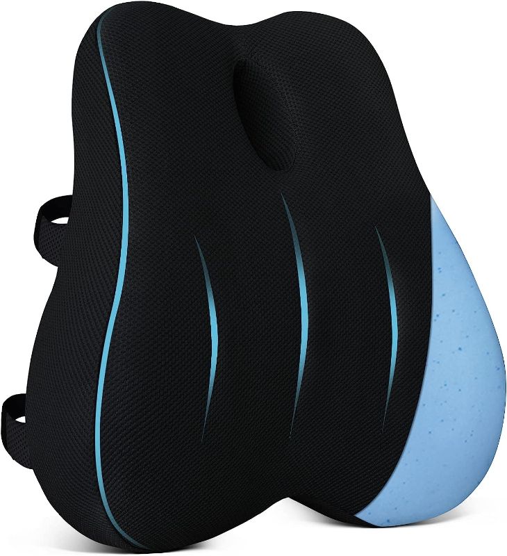 Photo 1 of Lumbar Support Pillow for Office Chair, Cooling Memory Foam Lumbar Pillow for Back Pain Relief, Ergonomic Back Support Pillow with Dual Extension Straps for Car, Couch, Recliner, Gaming Chair, Black