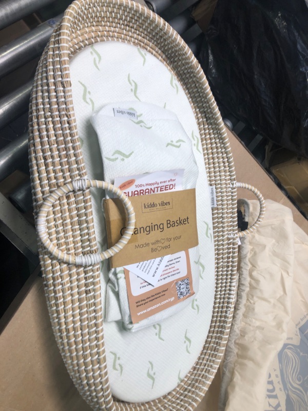 Photo 3 of Baby Changing Basket - with Thick Pad & 3 Waterproof Bamboo Jacquard Covers. Organic Seagrass Moses Basket for Babies - CPSC Compliant, Premium Changing Table Topper - Unique Boho Baby Decor Natural / White