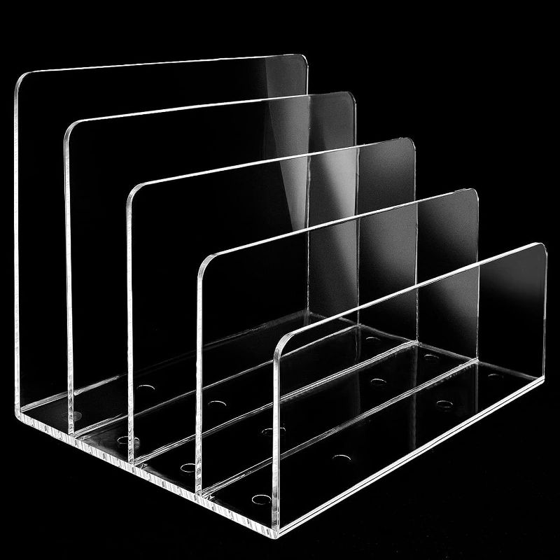 Photo 1 of 4 Section Acrylic File Organizer, Clear Acrylic Desk Organizer and Accessories, Sturdy Acrylic File Folder Holder Sorter, Office Supplies for Mail Letter Paper Electronic Notebook