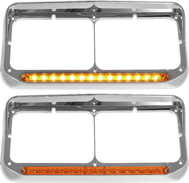 Photo 1 of artsam 2x Headlight Bezel with 12" Amber LED Light Strip Chrome LH & RH Replacement for 4x6 Light Kenworth T400 T600 T800 W900B W900L Peterbilt 378 379 Western Star 4900 Freightliner FLD Classic