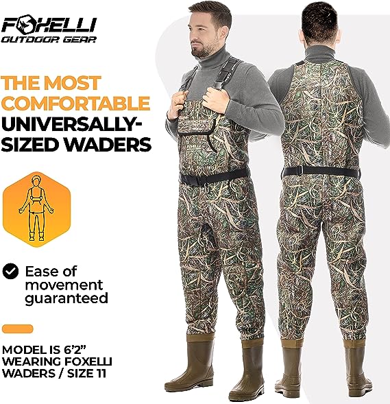 Photo 1 of Foxelli Neoprene Chest Waders, Camo Hunting & Fishing Waders for Men & Women with Boots, Waterproof Bootfoot Waders
