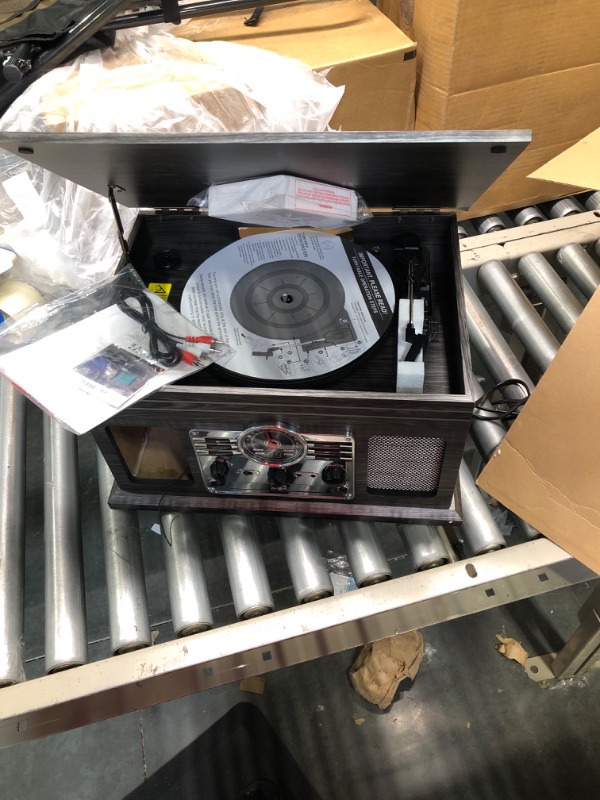 Photo 1 of Victrola Nostalgic 6-in-1 Bluetooth Record Player & Multimedia Center, Grey with Victrola Wooden Stand for Wooden Music Centers with Record Holder Shelf, Black & Victrola Wooden Record Crate, Black (816203014252
