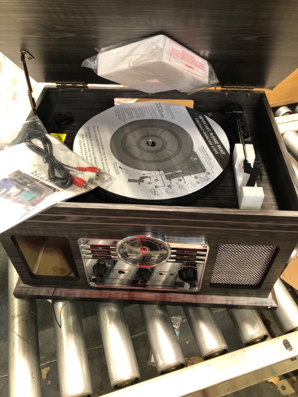Photo 1 of Victrola Nostalgic 6-in-1 Bluetooth Record Player & Multimedia Center, Grey with Victrola Wooden Stand for Wooden Music Centers with Record Holder Shelf, Black & Victrola Wooden Record Crate, Black (816203014252
