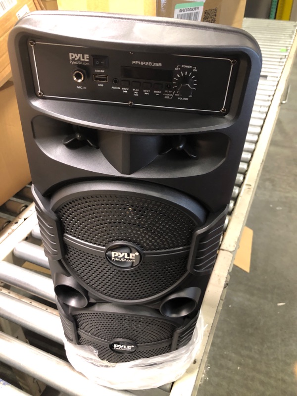 Photo 2 of Pyle Portable Bluetooth PA Speaker System - 600W Rechargeable Outdoor Bluetooth Speaker Portable PA System w/ Dual 8” Subwoofer 1” Tweeter, Microphone In, Party Lights, USB, Radio, Remote - PPHP2835B