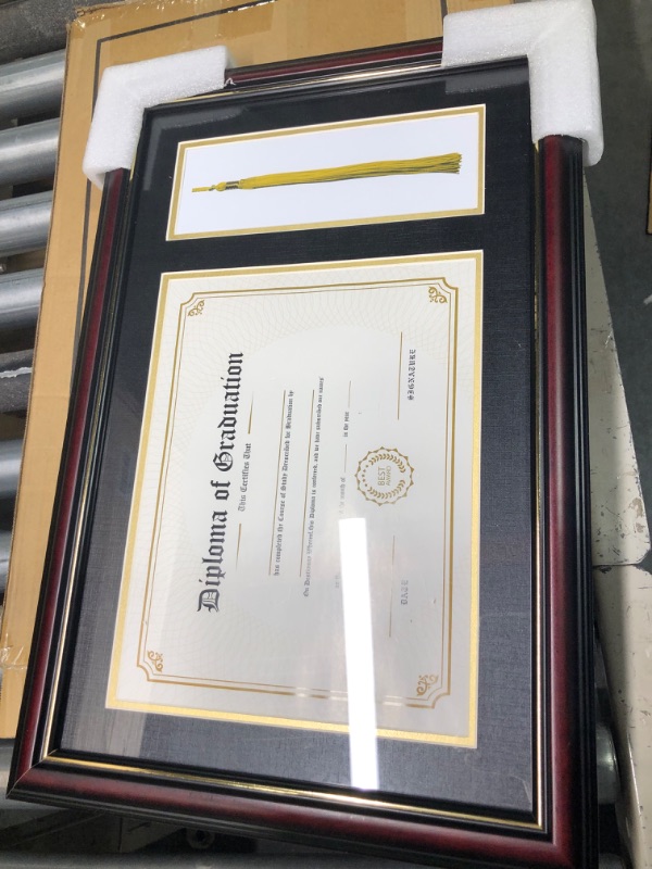 Photo 2 of GraduationMall 11x17 Cherry Wood Diploma Frame with Tassel Holder for 8.5x11 Certificate Document,Real Glass,Black over Gold Mat Cherry With Gold Trim Diploma + Tassel