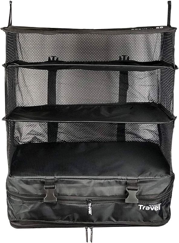 Photo 1 of Grand Fusion Housewares Stow-N-Go Luggage and Travel Organizer, Travel Essentials, Hanging Packing Cubes With Hanging Shelves And Laundry Storage Compartment, Black