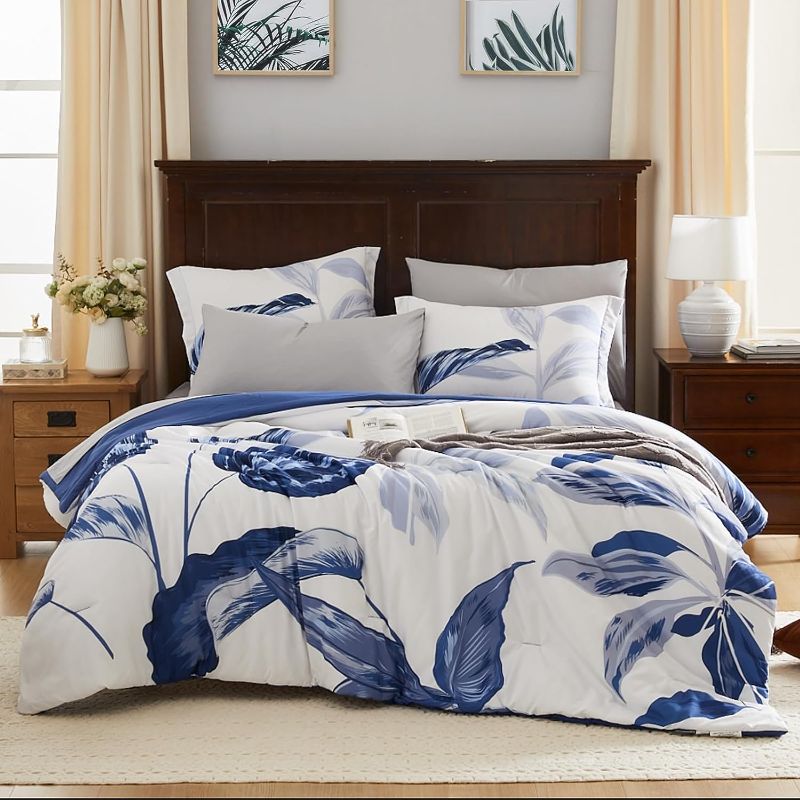 Photo 1 of  WRENSONGE Floral Duvet Cover Queen, 3 Pcs Navy Blue Flowers and Leaves Printed Comforter Cover with Zipper Corner Ties, Microfiber Duvet Cover Bedding Set for All Season, Soft, Breathable, Durable