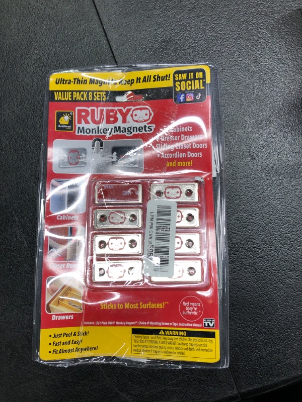 Photo 2 of RUBY Monkey Magnets AS-SEEN-ON-TV, Ultra-Thin Magnetic Plates Keep It All Shut, Fast and Easy Installation, Just Peel & Stick, Slim Design Fits Virtually Anywhere, Cabinets, Drawers & More, 8 Sets