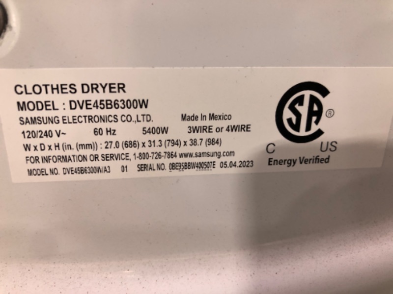 Photo 1 of 7.5 cu. ft. Smart Electric Dryer with Steam Sanitize+ in White
Samsung dve45b6300w/a3 