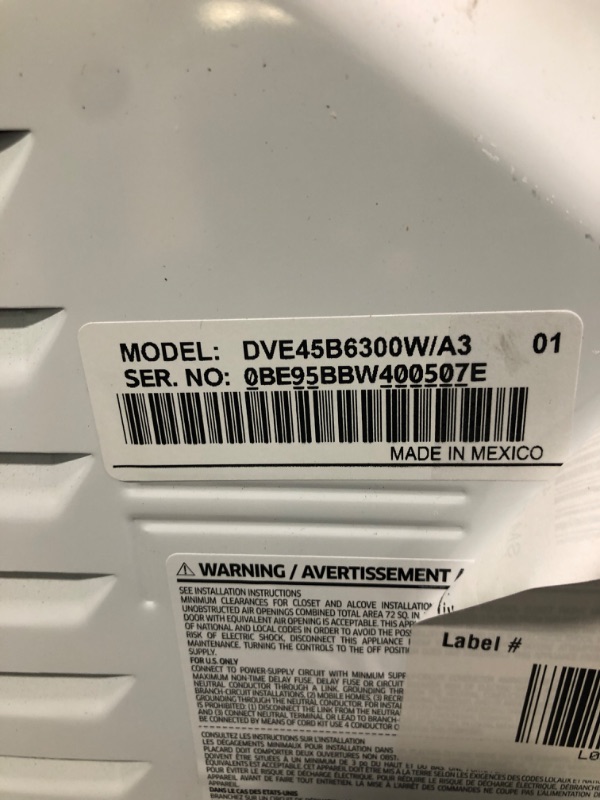 Photo 1 of 7.5 cu. ft. Smart Electric Dryer with Steam Sanitize+ in White
Samsung dve45b6300w/a3 