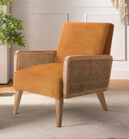 Photo 1 of Delphine Modern Yellow Accent Chair with Rattan Armrest and Wood Legs for Living Room and Bedroom
