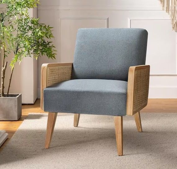 Photo 1 of Delphine Modern Blue Accent Chair with Rattan Armrest and Wood Legs for Living Room and Bedroom
