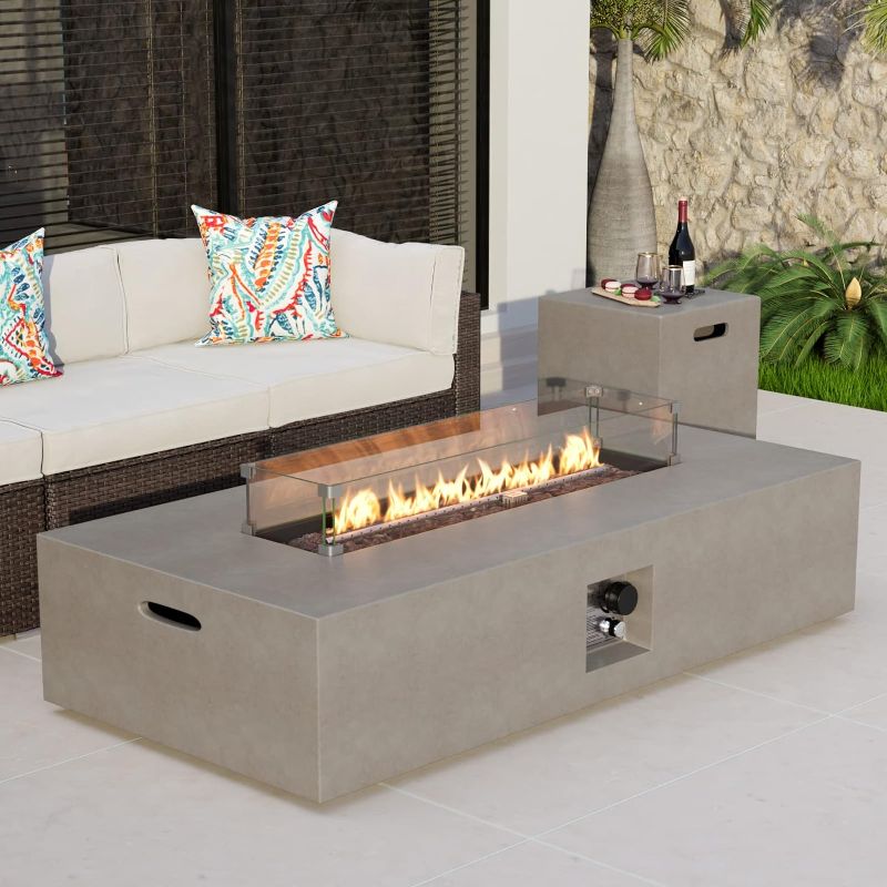 Photo 1 of COSIEST 2-Piece Outdoor Propane Fire Table Set, Rectangle Concrete 56-inch x 28-inch Gray Fire Pit (50,000 BTU) w 20lb Tank Table, Wind Guard, Waterproof...
