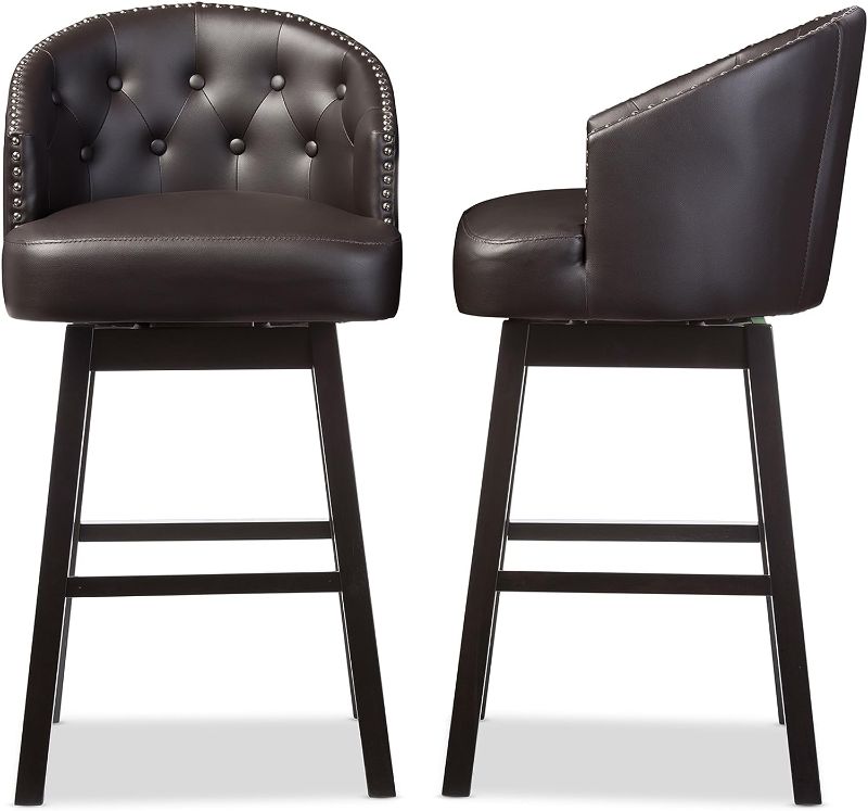 Photo 1 of Baxton Studio Avril Modern and Contemporary Brown Faux Leather Tufted Swivel Barstool with Nail heads Trim
