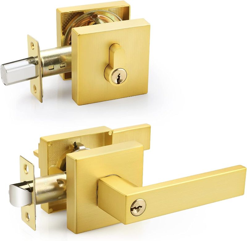 Photo 1 of EHOMEWARE 2 Pack Door Handleset with Single Cylinder Deadbolt, Satin Brass Deadbolt, Reversible for Right and Left Side Single Keyed Square Deadbolt Lock Set