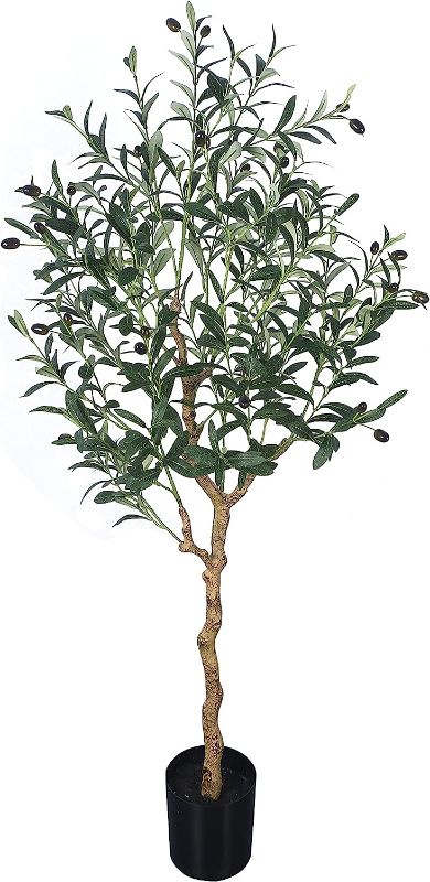 Photo 1 of Phimos Artificial Olive Tree Tall Fake Potted Olive Silk Tree with Planter Large Faux Olive Branches and Fruits Artificial Tree for Modern Home Office Living Room Floor Decor Indoor (4FT)