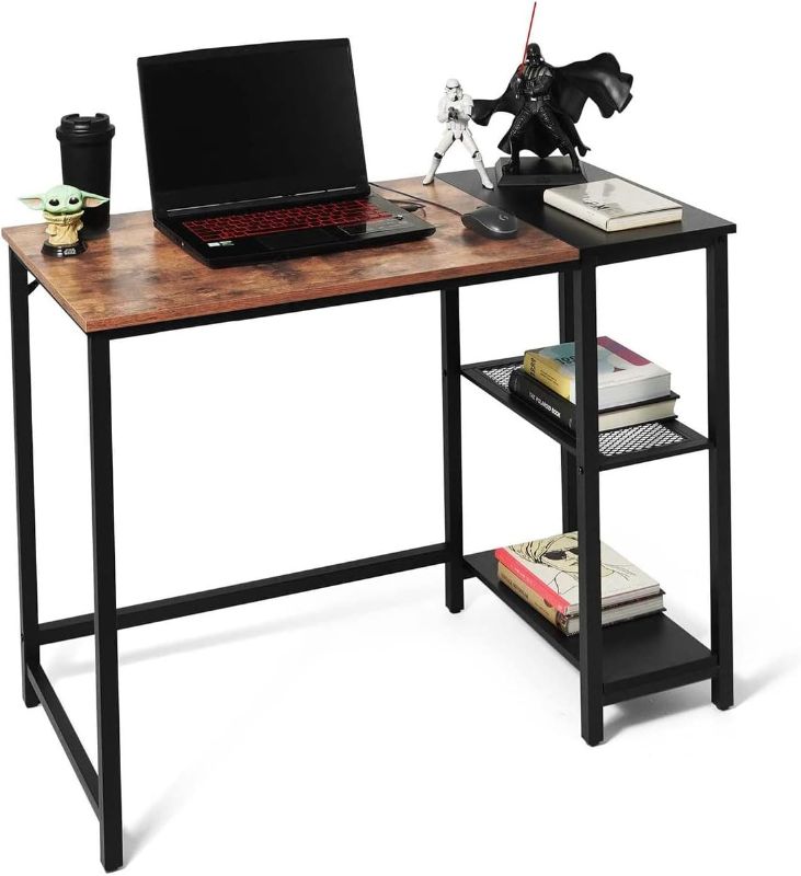 Photo 1 of Computer Desk, 40 Inch Home Office Desk, Study Writing Desk with 2-Tier Storage Shelves, Simple Industrial Modern Laptop Workstation with Splice P2 Grade Wooden Board, Rustic Oak and Black