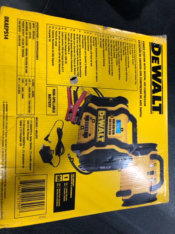 Photo 2 of DEWALT DXAEPS14 1600 Peak Battery Amp 12V Automotive Jump Starter/Power Station with 500 Watt AC Power Inverter, 120 PSI Digital Compressor, and USB Power , Yellow