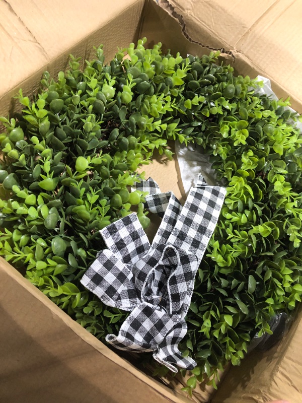 Photo 3 of 20" Faux Round Boxwood Wreath, Vlorart Artificial Boxwood Wreath Front Door Wreaths Artificial Spring Summer Greenery Hanging with A Plaid Bow for Front Door Wall Hanging Window Wedding Party Decor 20inch