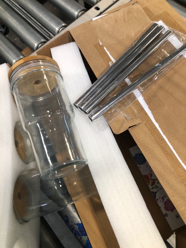 Photo 2 of 4 Pack Glass Cups with Bamboo Lids and Straws,22 oz Glass Tumbler with Straw and Lid,Reusable Boba Cup Smoothie Cup Iced Coffee Cup Wide Mouth Mason Jar Cups Drinking Glasses for Bubble Tea,Juice,Gift