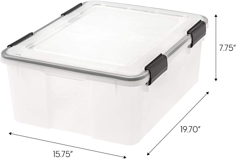 Photo 1 of *ONLY 4 GOOD ONES LEFT* ALL 4 INSPECTED, ALL CLAMPS WORKING
IRIS USA 30.6 Quart WEATHERPRO Plastic Storage Box with Durable Lid and Seal and Secure Latching Buckles, Weathertight, Clear with Black Buckles, 4 Pack 30.6 Qt. -4Pack