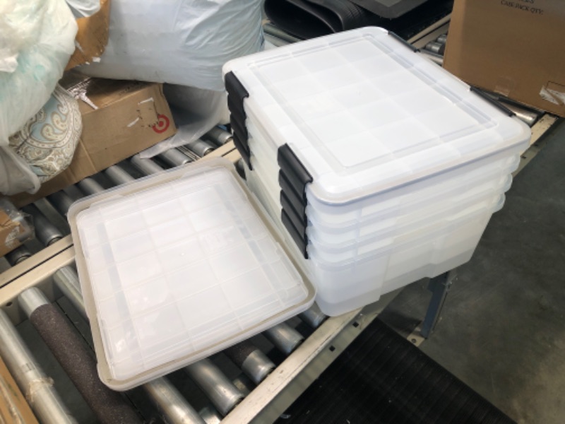 Photo 4 of *ONLY 4 GOOD ONES LEFT* ALL 4 INSPECTED, ALL CLAMPS WORKING
IRIS USA 30.6 Quart WEATHERPRO Plastic Storage Box with Durable Lid and Seal and Secure Latching Buckles, Weathertight, Clear with Black Buckles, 4 Pack 30.6 Qt. -4Pack