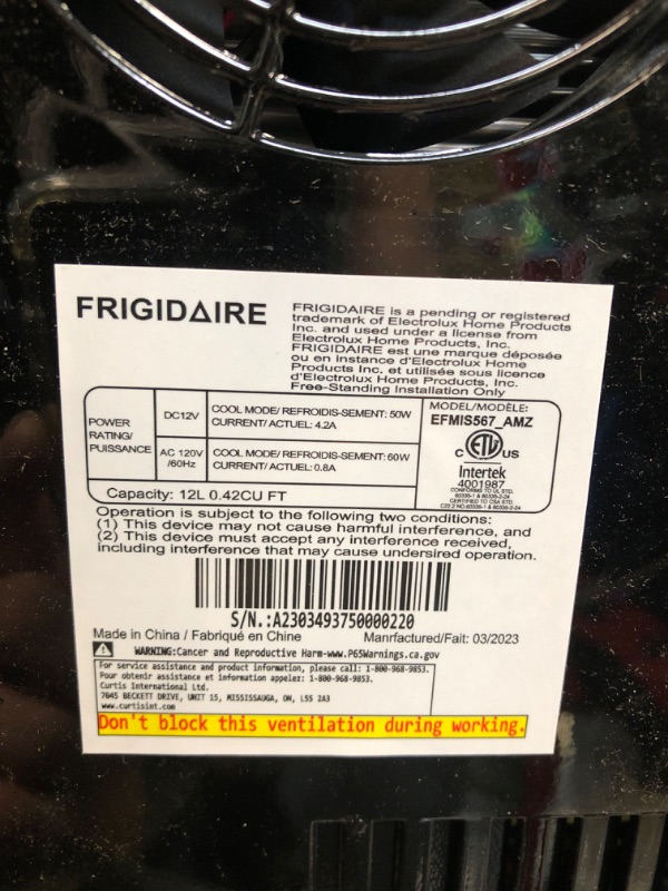 Photo 5 of *NO POWER CORDS, UNABLE TO TEST*
DOES NOT LOOK DAMAGED.

Frigidaire EFMIS567_AMZ 18 Can OR 4 Wine Bottle Retro Beverage Fridge, Temperature Control, Thermoelectric, FreonFree, Stainless