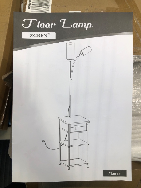 Photo 6 of **lamp shade broken, removed from box. All remaining items are fine and factory sealed*
ZGREN Floor Lamp with End Table, Small Nightstand Bedside Side Table with Lamp Attached 3-Way Dimmable Floor Light Lamp Table with Storage Shelf and Basket Drawer for 