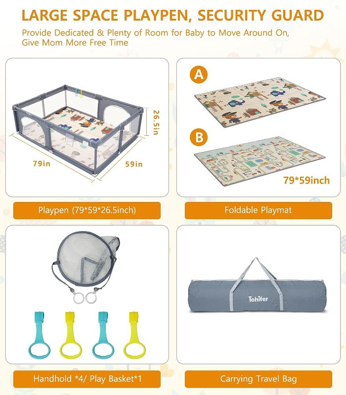 Photo 1 of Baby Playpen with Mat, Large Baby Play Yard for Toddler, BPA-Free, Non-Toxic, Safe No Gaps Playards for Babies, Indoor & Outdoor Extra Large Kids Activity Center 79"x59"x26.5" with 0.4" Playmat
