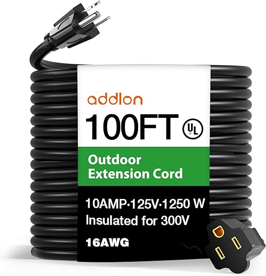 Photo 2 of Addlon Flexible Extension Cord, Water&Weatherproof Outdoor Extension Cord 100FT with Covers, Heavy Duty Extension Cord for Indoor Outdoor, 16AWG 3 Prong UL Listed
