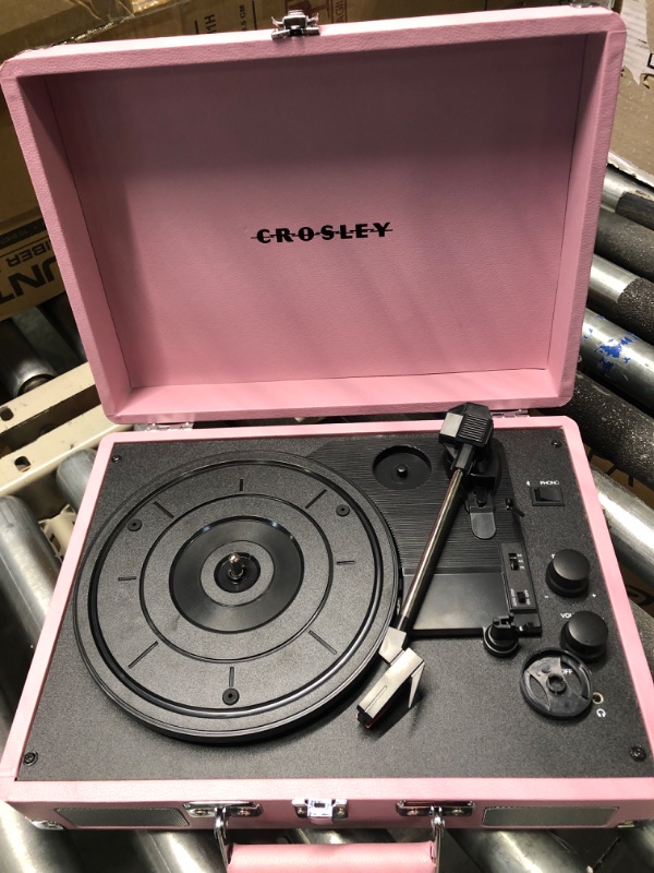 Photo 4 of Crosley CR8005E-BH Cruiser Deluxe Vintage 3-Speed Bluetooth Suitcase Vinyl Record Player Turntable, Blush Bluetooth In Blush