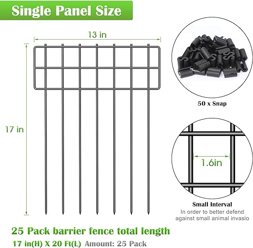 Photo 1 of 25 Pack Animal Barrier Fence, 17 in(H) X 27 Ft(L) No Dig Garden Decorative Fencing, Rustproof Metal Wire Panel Garden Fence Border for Dog Rabbits Ground Stakes Fence and Outdoor Landscape Patio

